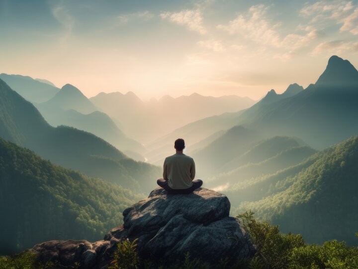 person meditating in mountains